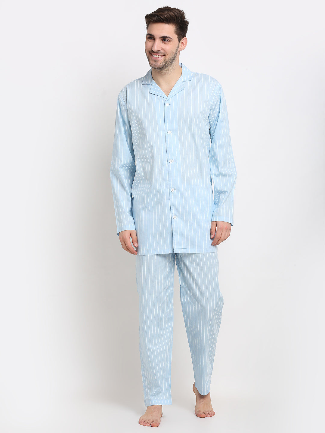 Jainish Men's Sky Cotton Striped Night Suits