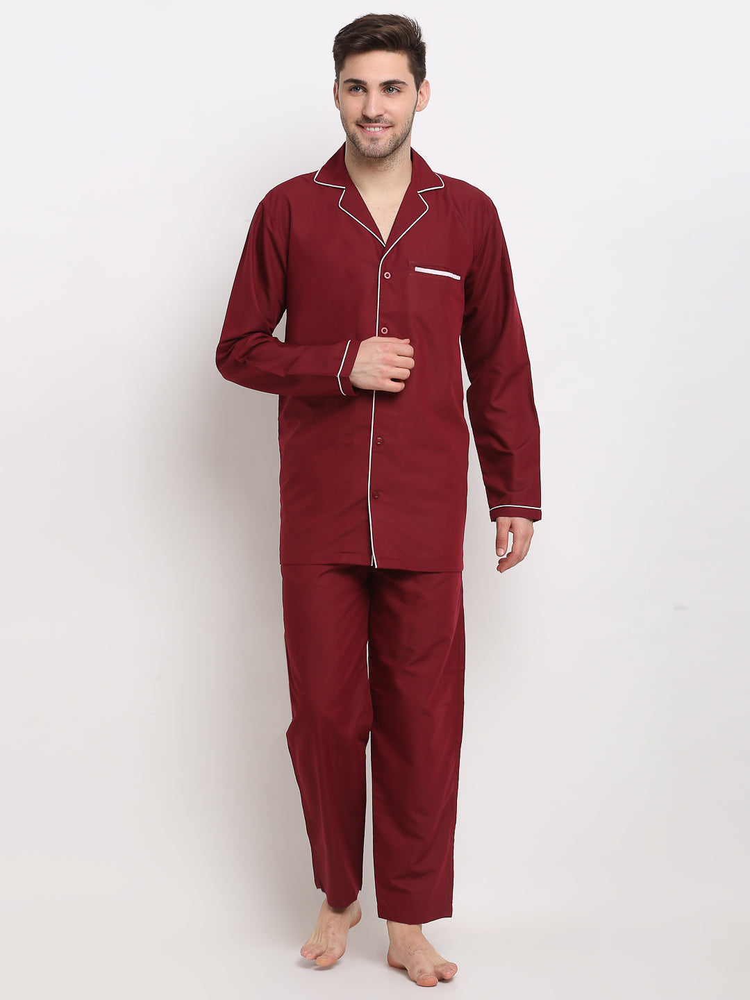 Jainish Men's Maroon Cotton Solid Night Suits