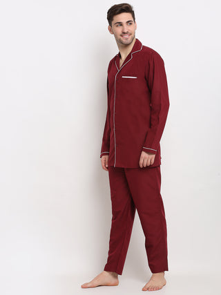 Indian Needle Men's Maroon Cotton Solid Night Suits