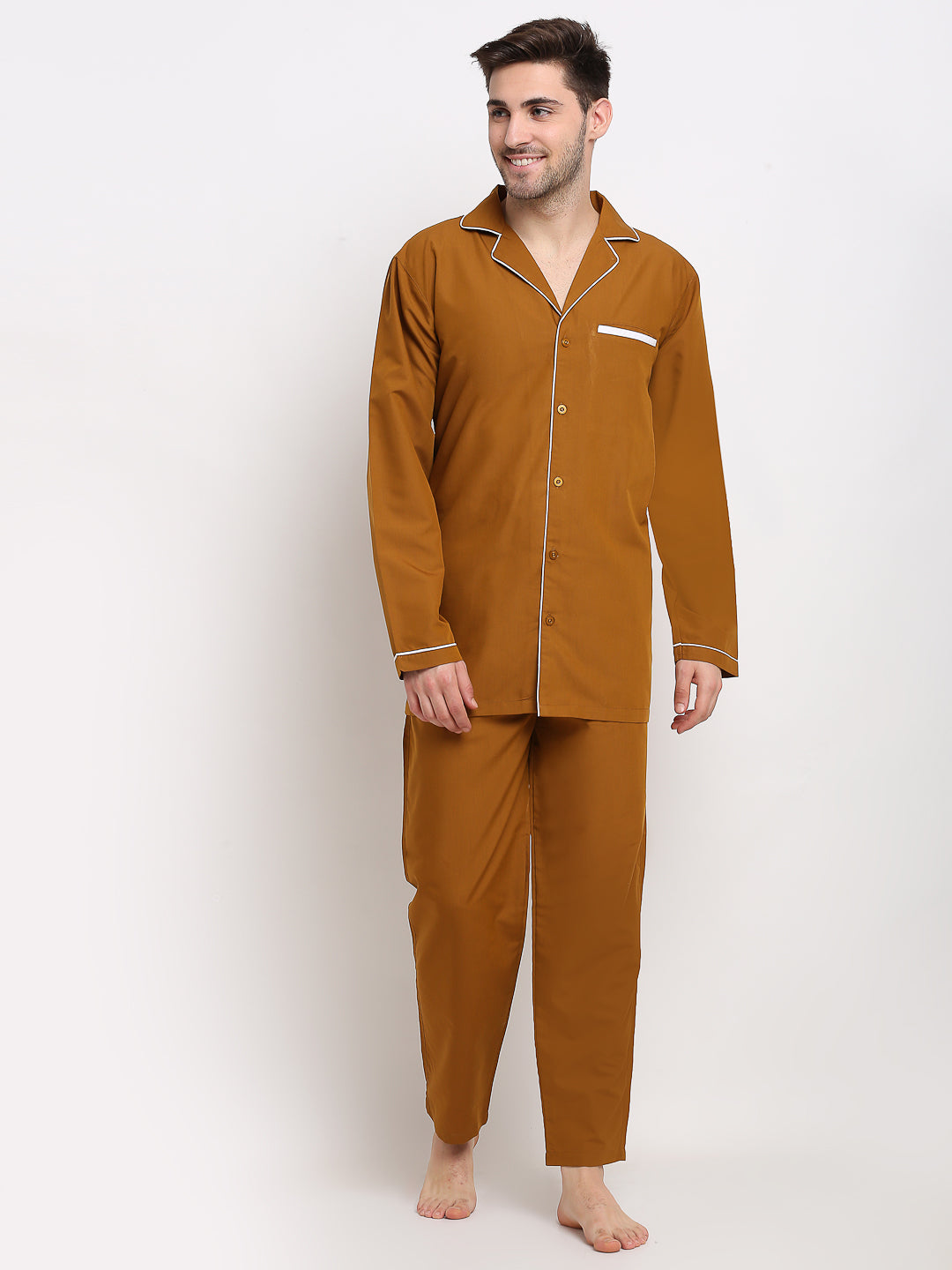 Jainish Men's Mustard Cotton Solid Night Suits