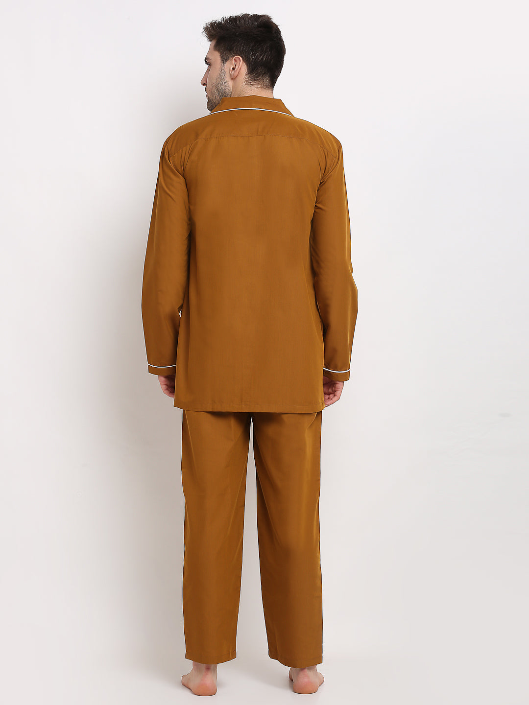 Jainish Men's Mustard Cotton Solid Night Suits