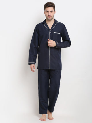 Indian Needle Men's Navy Cotton Solid Night Suits