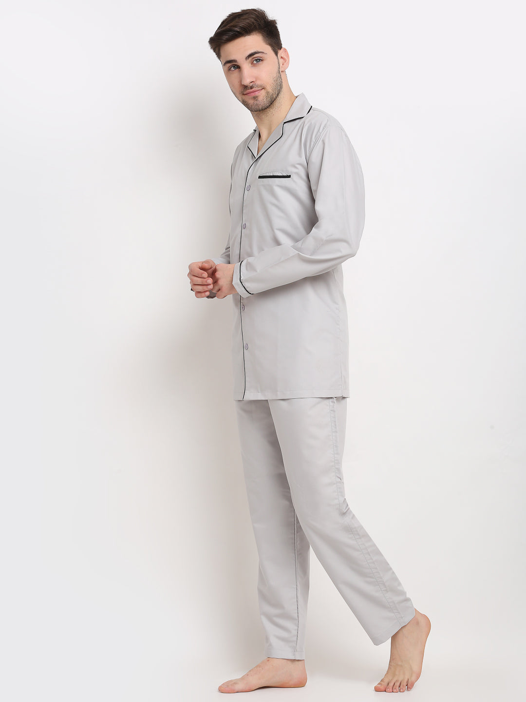 Jainish Men's Steel-Grey Cotton Solid Night Suits