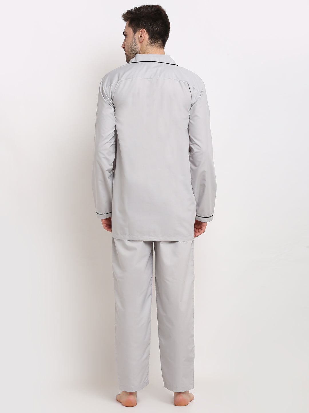 Jainish Men's Steel-Grey Cotton Solid Night Suits