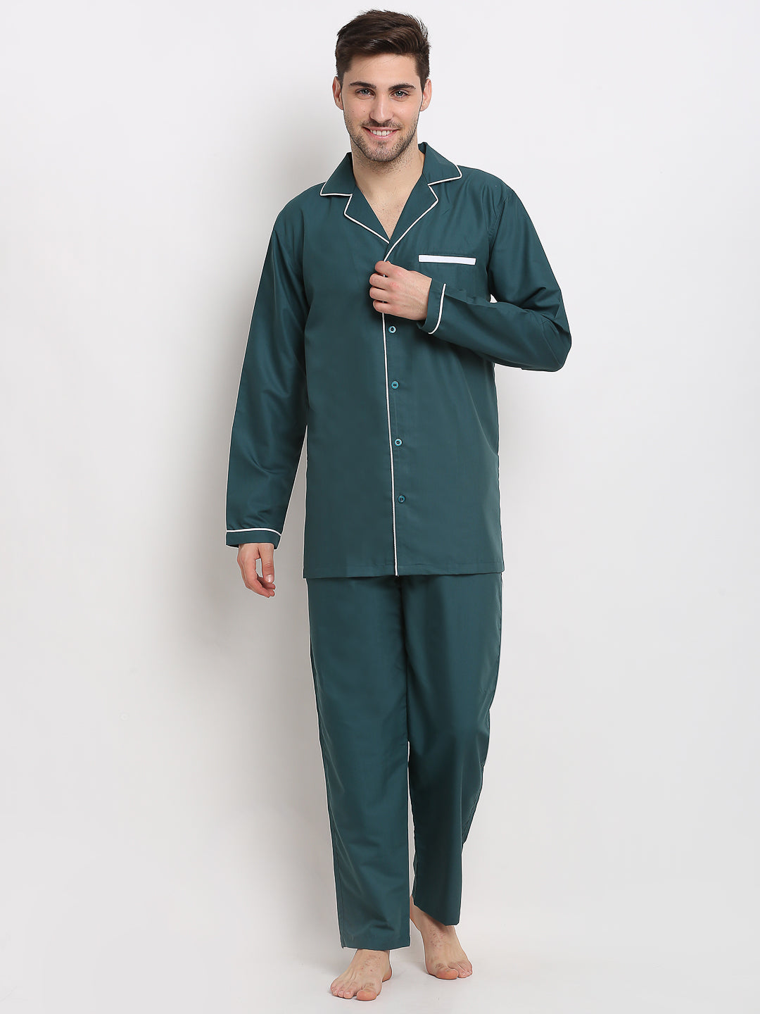 Jainish Men's Teal Cotton Solid Night Suits