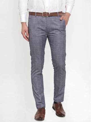 Indian Needle Men's Blue Checked Formal Trousers