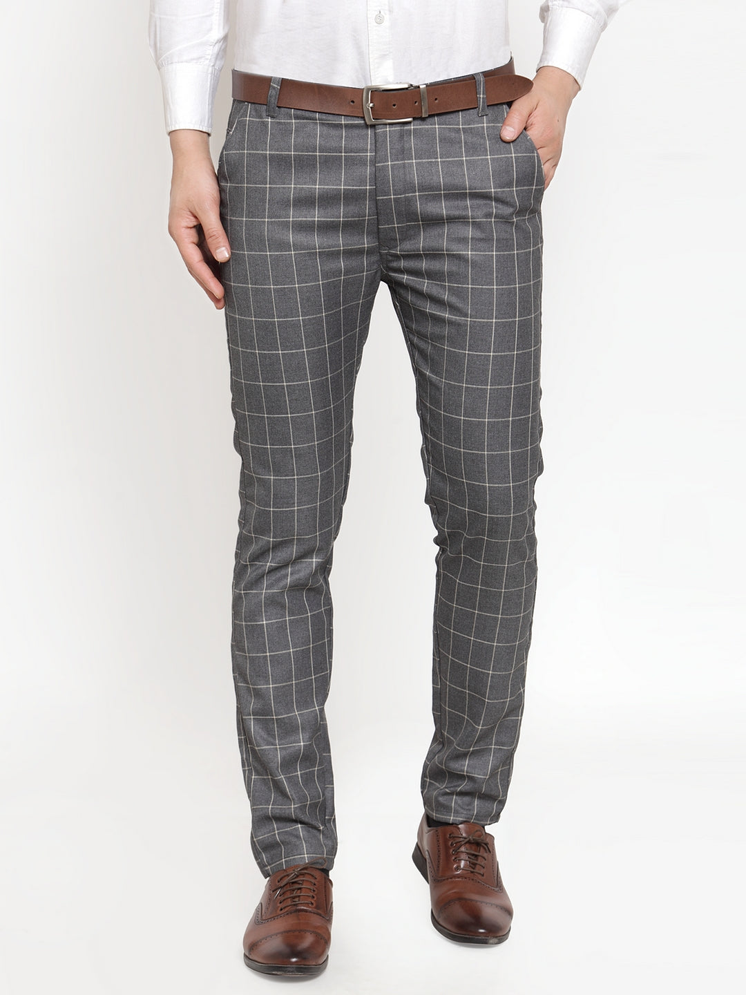 Buy Men Grey Carrot Fit Check Flat Front Formal Trousers Online - 753463 |  Louis Philippe