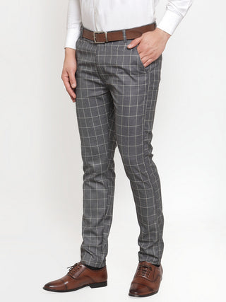 Indian Needle Men's Grey Checked Formal Trousers