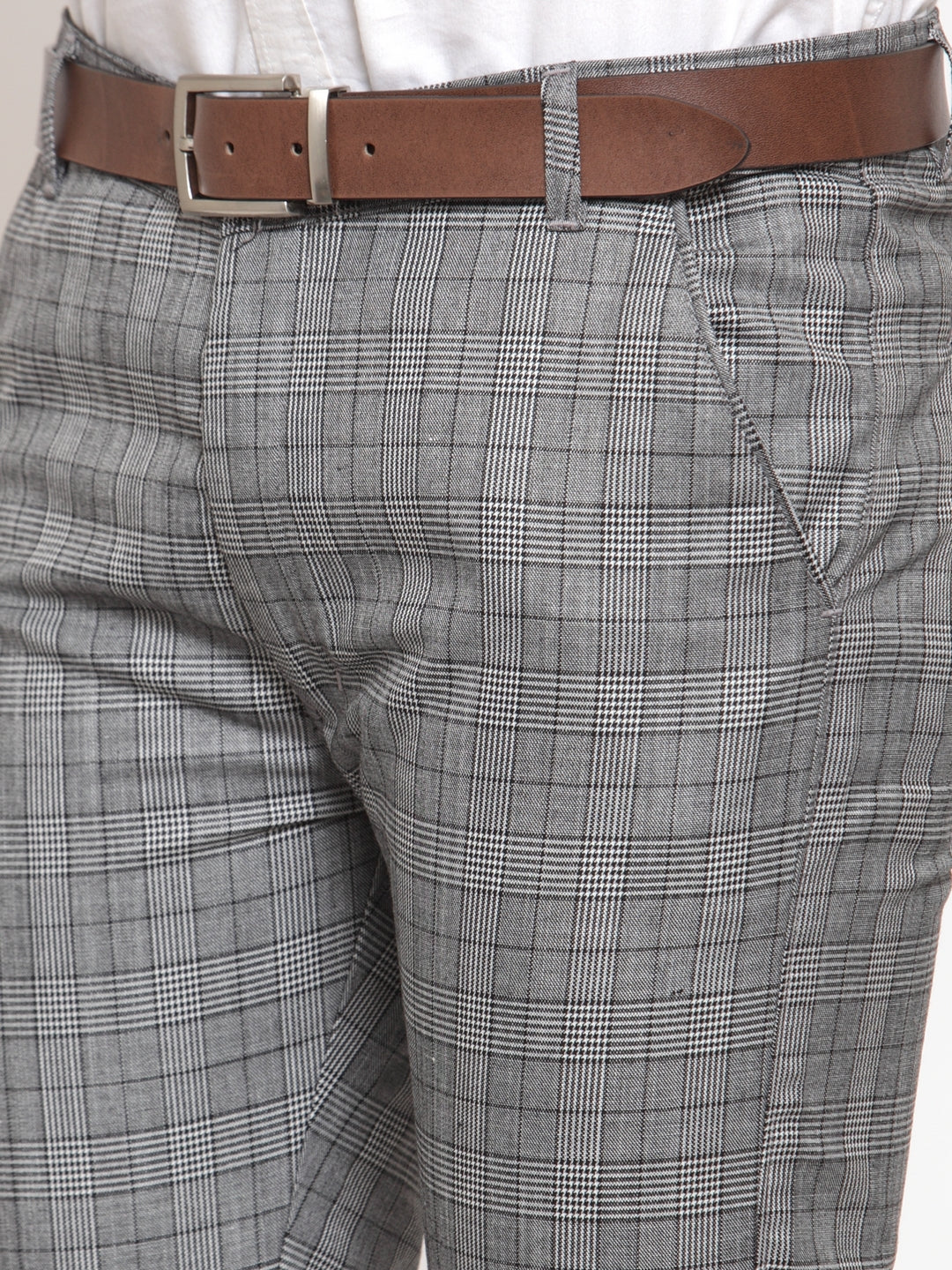 Jainish Men's Grey Checked Formal Trousers