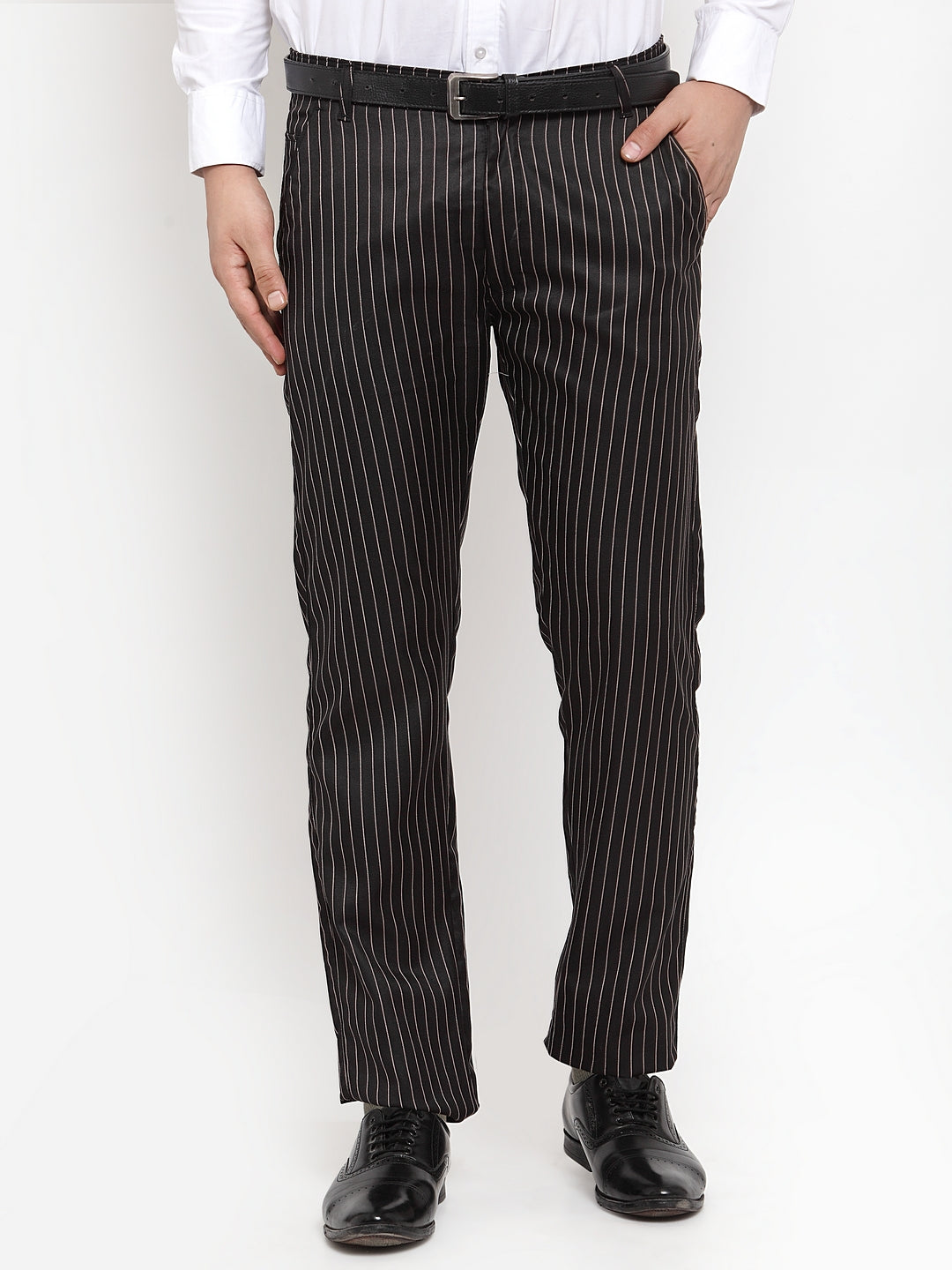 Jainish Men's Black Cotton Striped Formal Trousers