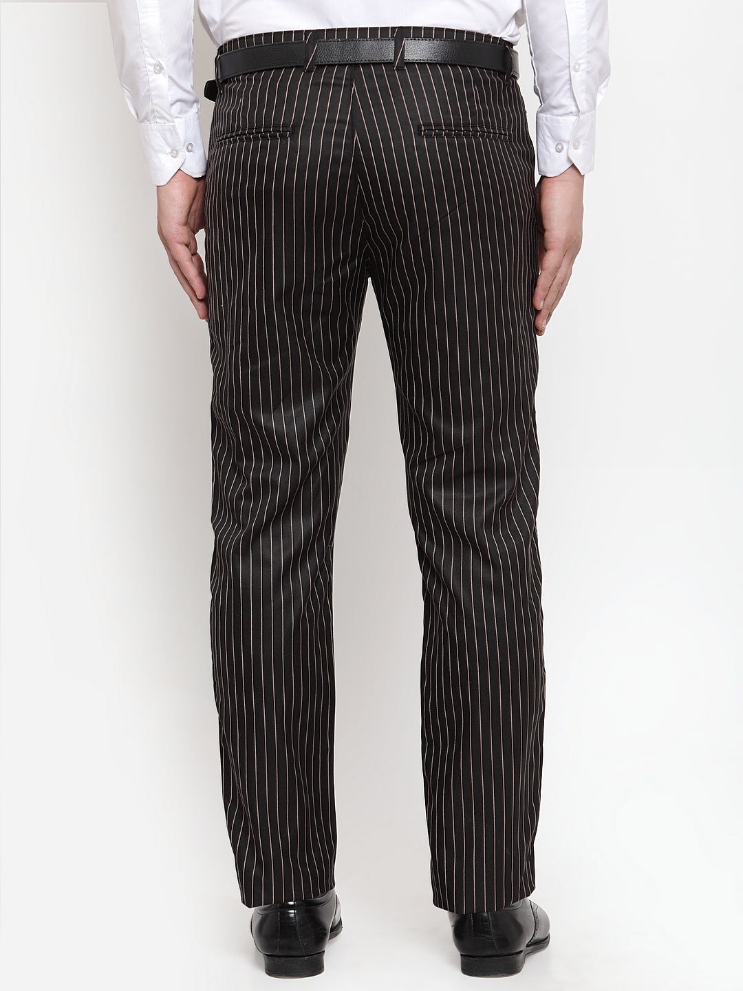 Jainish Men's Black Cotton Striped Formal Trousers