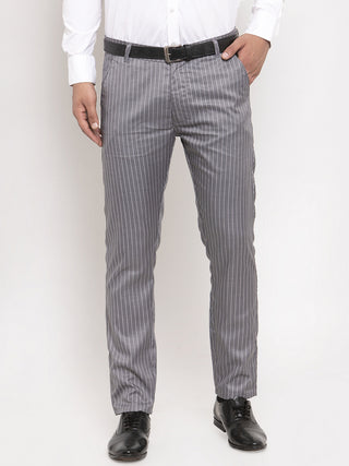 Indian Needle Men's Grey Cotton Striped Formal Trousers