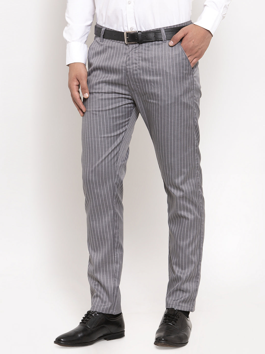 Jainish Men's Grey Cotton Striped Formal Trousers