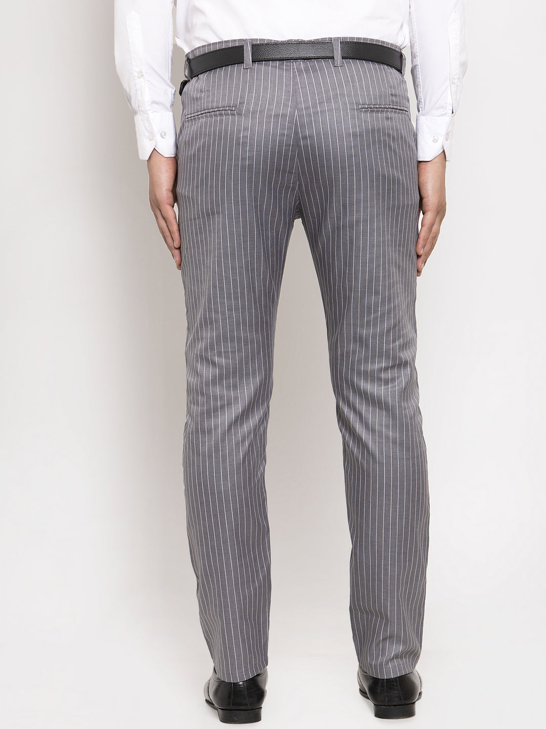 Jainish Men's Grey Cotton Striped Formal Trousers