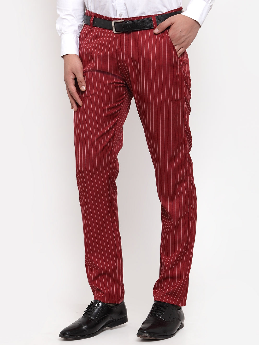 Jainish Mens Red Cotton Striped Formal Trousers  Jompers