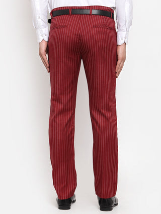 Indian Needle Men's Red Cotton Striped Formal Trousers