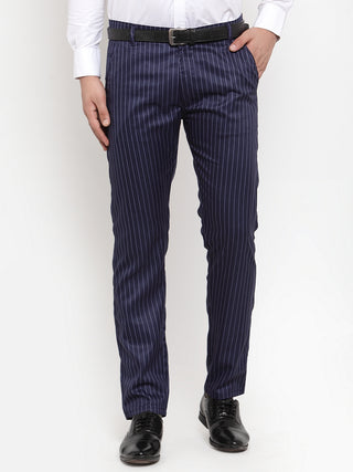 Indian Needle Men's Blue Cotton Striped Formal Trousers