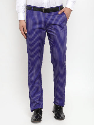 Indian Needle Men's Blue Cotton Striped Formal Trousers