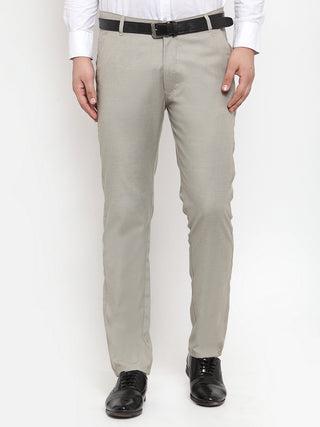 Indian Needle Men's Grey Cotton Solid Formal Trousers