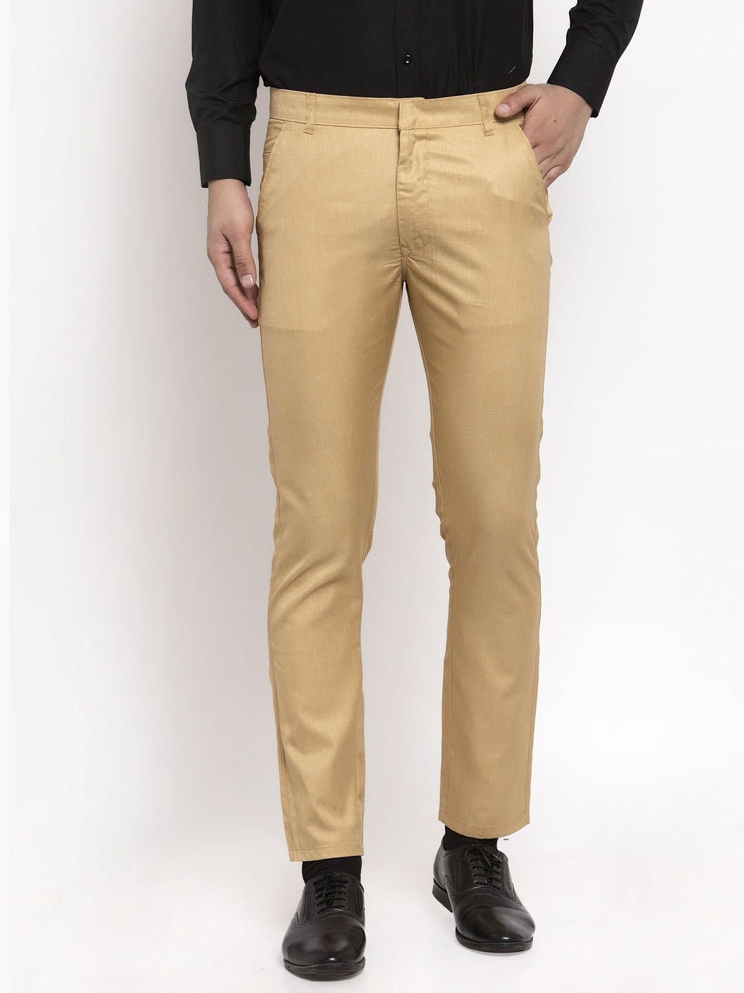 Jainish Men's Beige Cotton Solid Formal Trousers