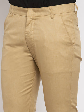 Indian Needle Men's Beige Cotton Solid Formal Trousers