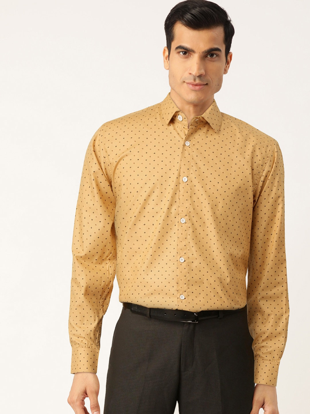 Jainish Yellow Men's Cotton Printed Formal Shirts