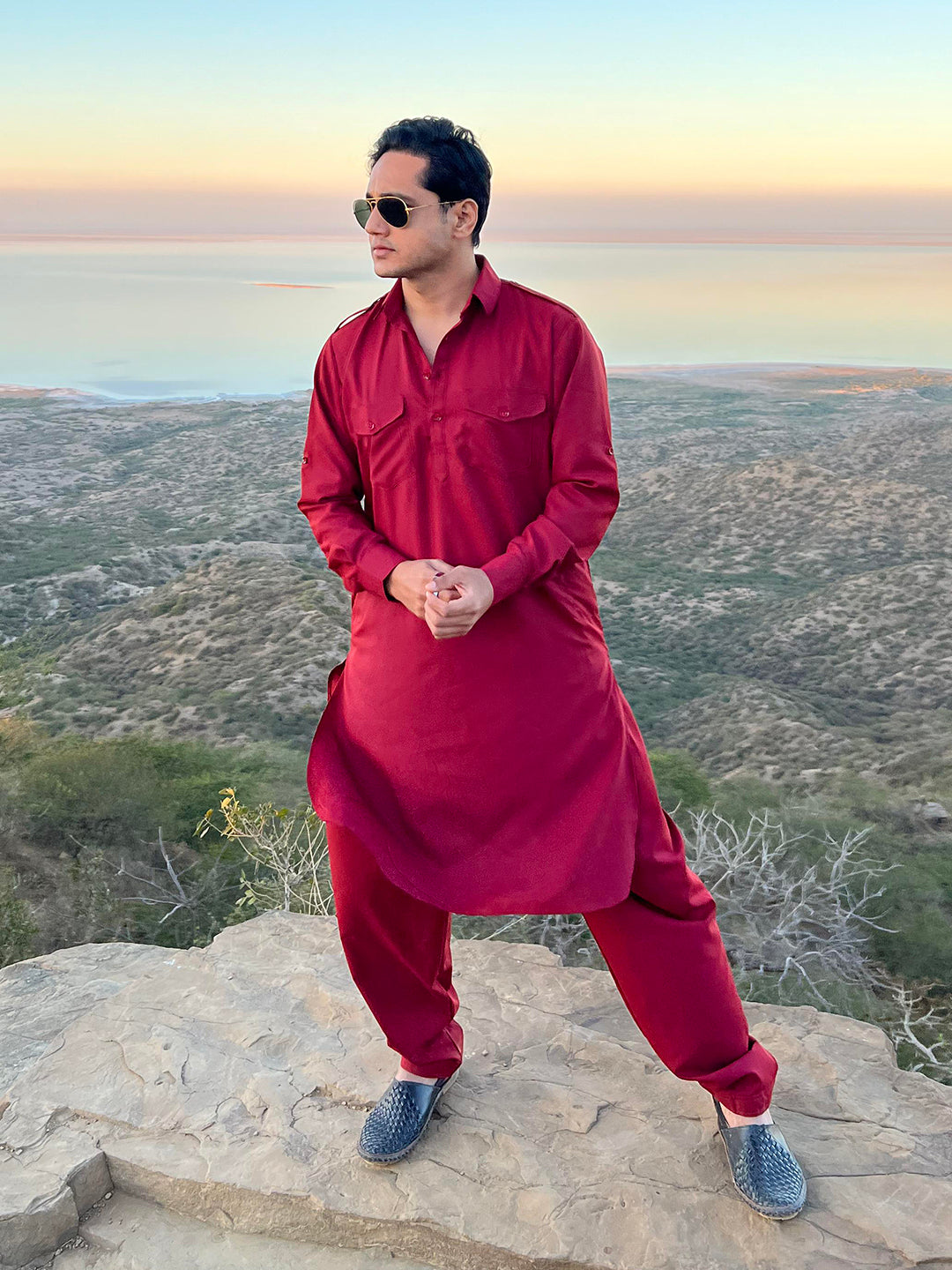 Men Maroon Cotton Solid Pathani Kurta with Salwar