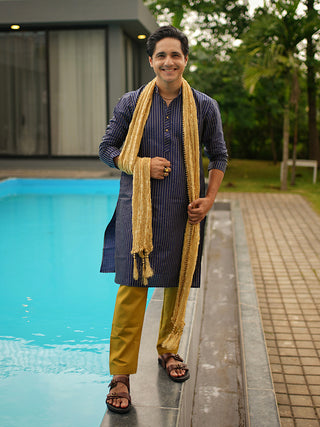 Men Navy Blue Striped Pleated Chikankari Kurta pyjama Set