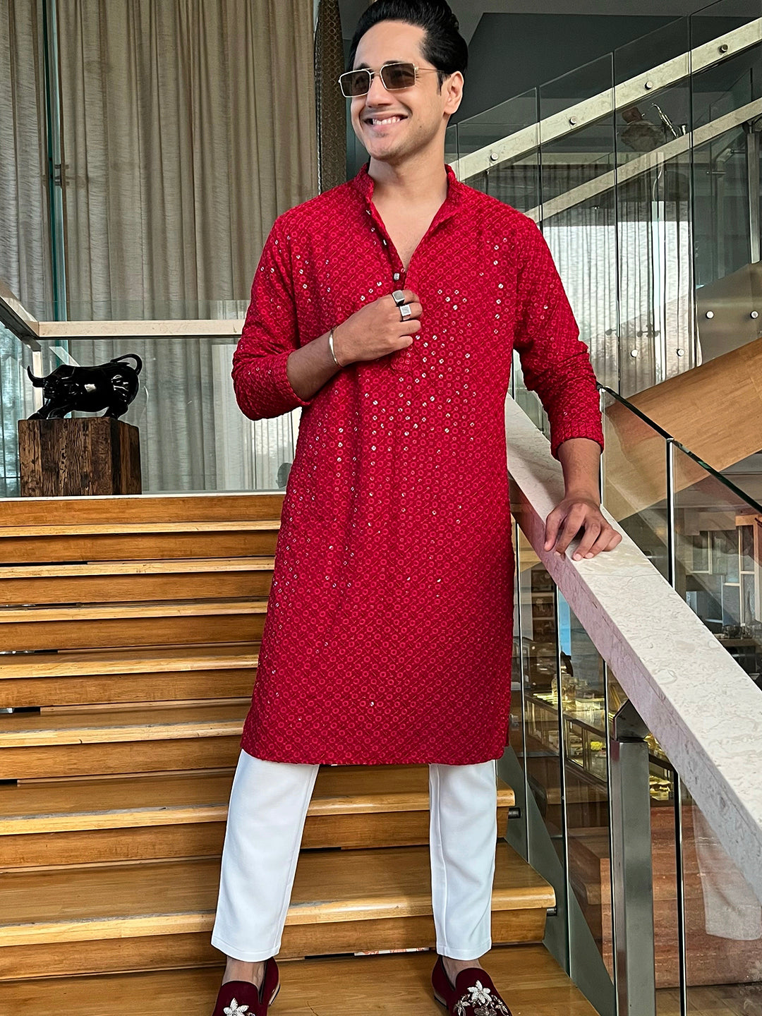 Men Maroon Chikankari Embroidered and Sequence Kurta with Churidar