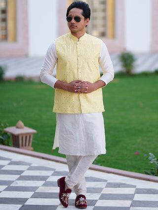 Men Dupion Silk Kurta Pyjama With Yellow Mirror Work Nehru Jacket