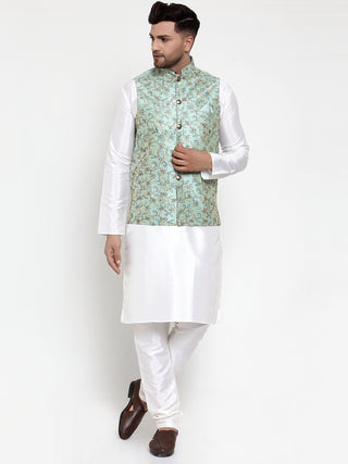 Jompers Men's Solid Dupion Kurta Pajama with Woven Nehru Jacket