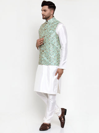 Jompers Men's Solid Dupion Kurta Pajama with Woven Nehru Jacket