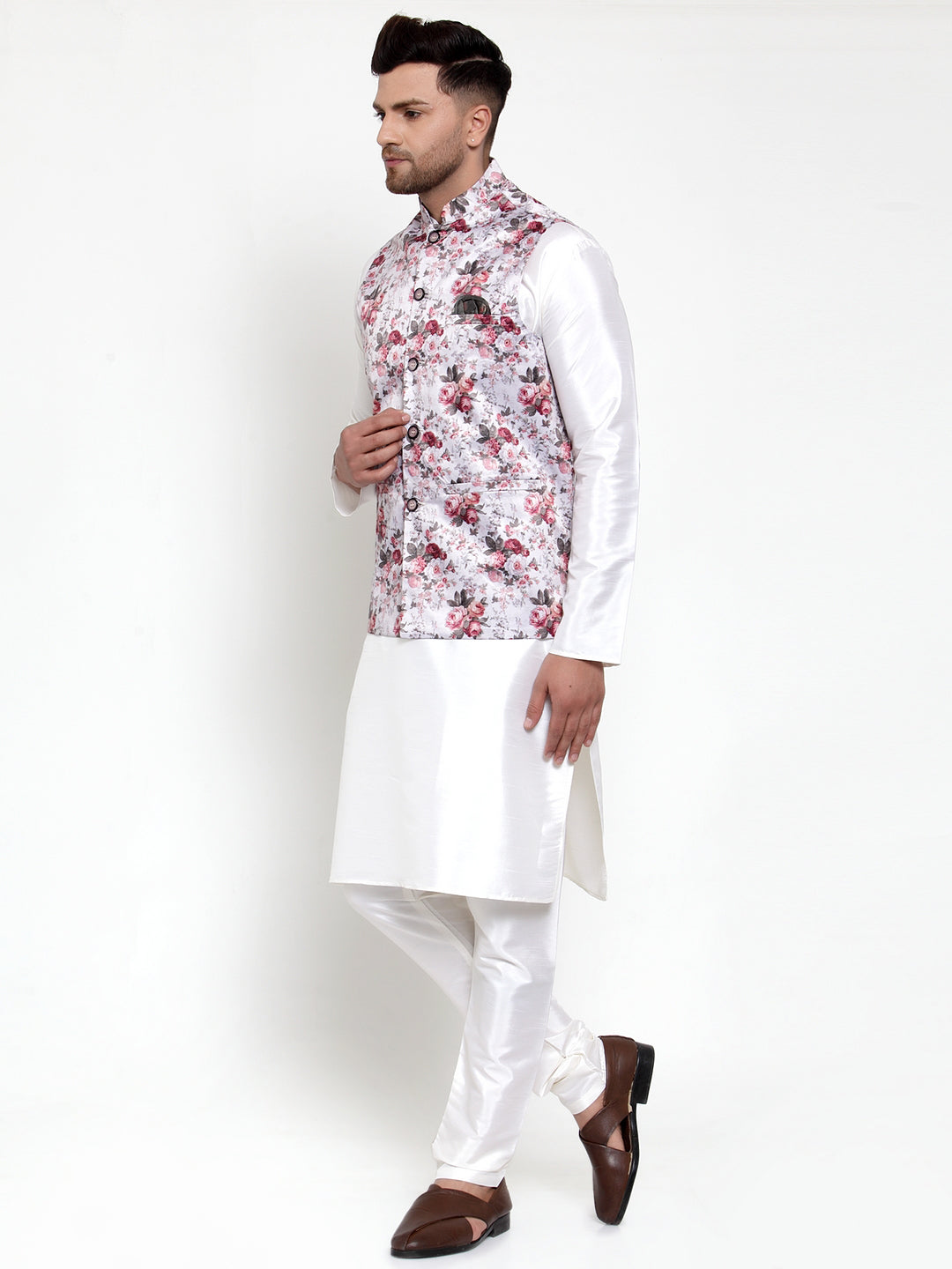 Jompers Men's Solid Dupion Kurta Pajama with Printed Nehru Jacket