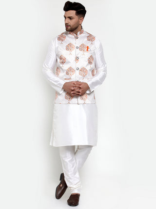 Jompers Men's Solid Dupion Kurta Pajama with Printed Nehru Jacket