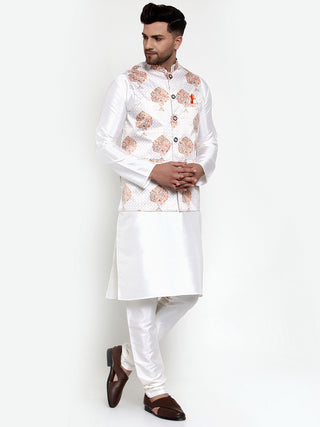 Jompers Men's Solid Dupion Kurta Pajama with Printed Nehru Jacket