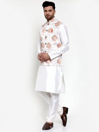 Jompers Men's Solid Dupion Kurta Pajama with Printed Nehru Jacket