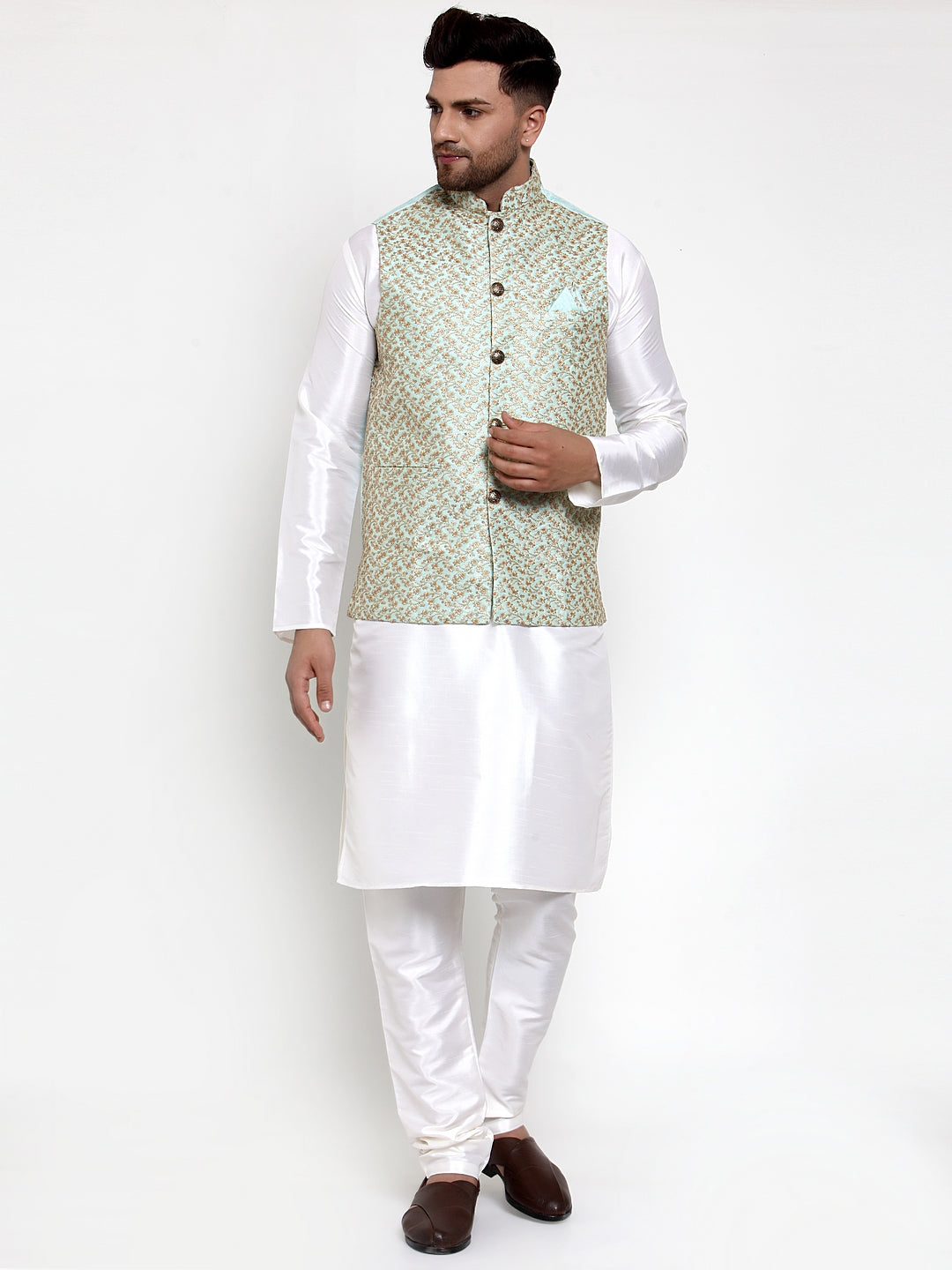 Jompers Men's Solid Dupion Kurta Pajama with Embroidered Nehru Jacket