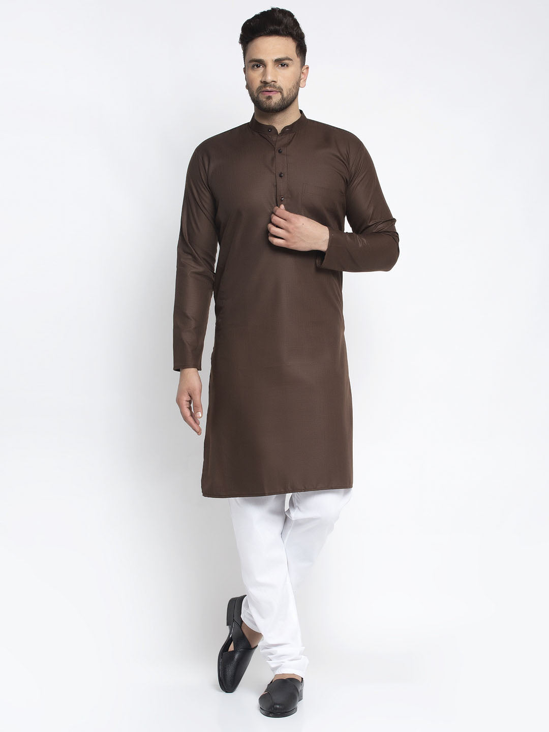 Jompers Men's Coffee Cotton Solid Kurta Only