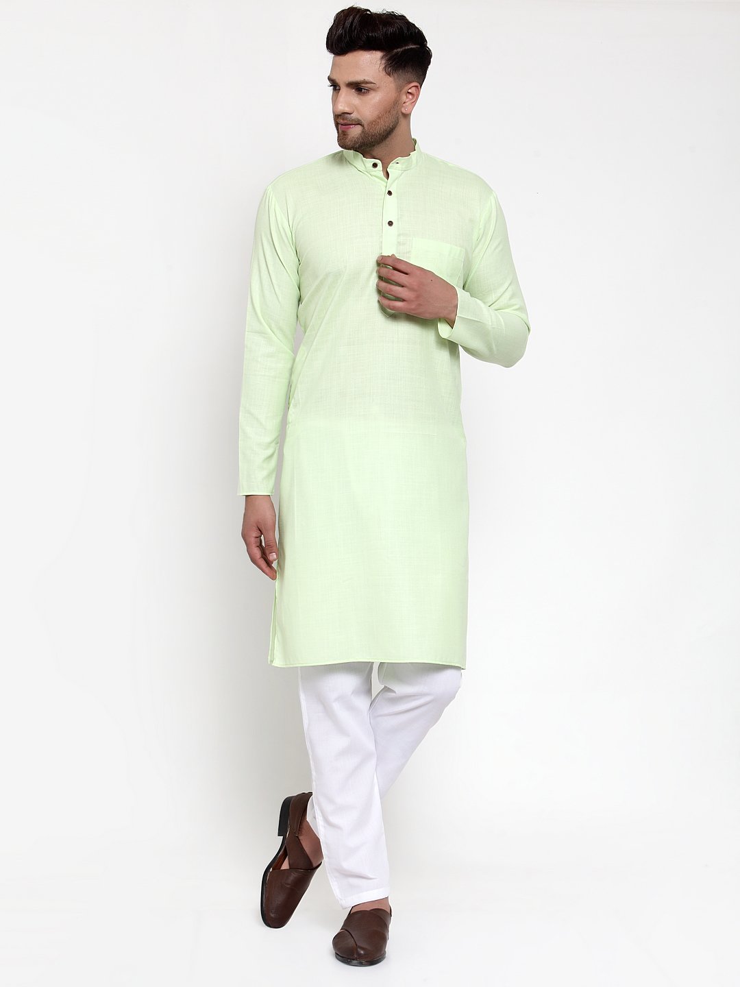 Jompers Men Lime Green & White Solid Kurta Only