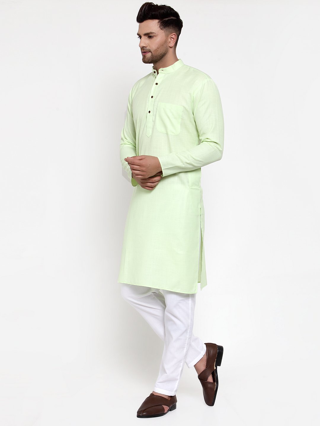 Jompers Men Lime Green & White Solid Kurta Only