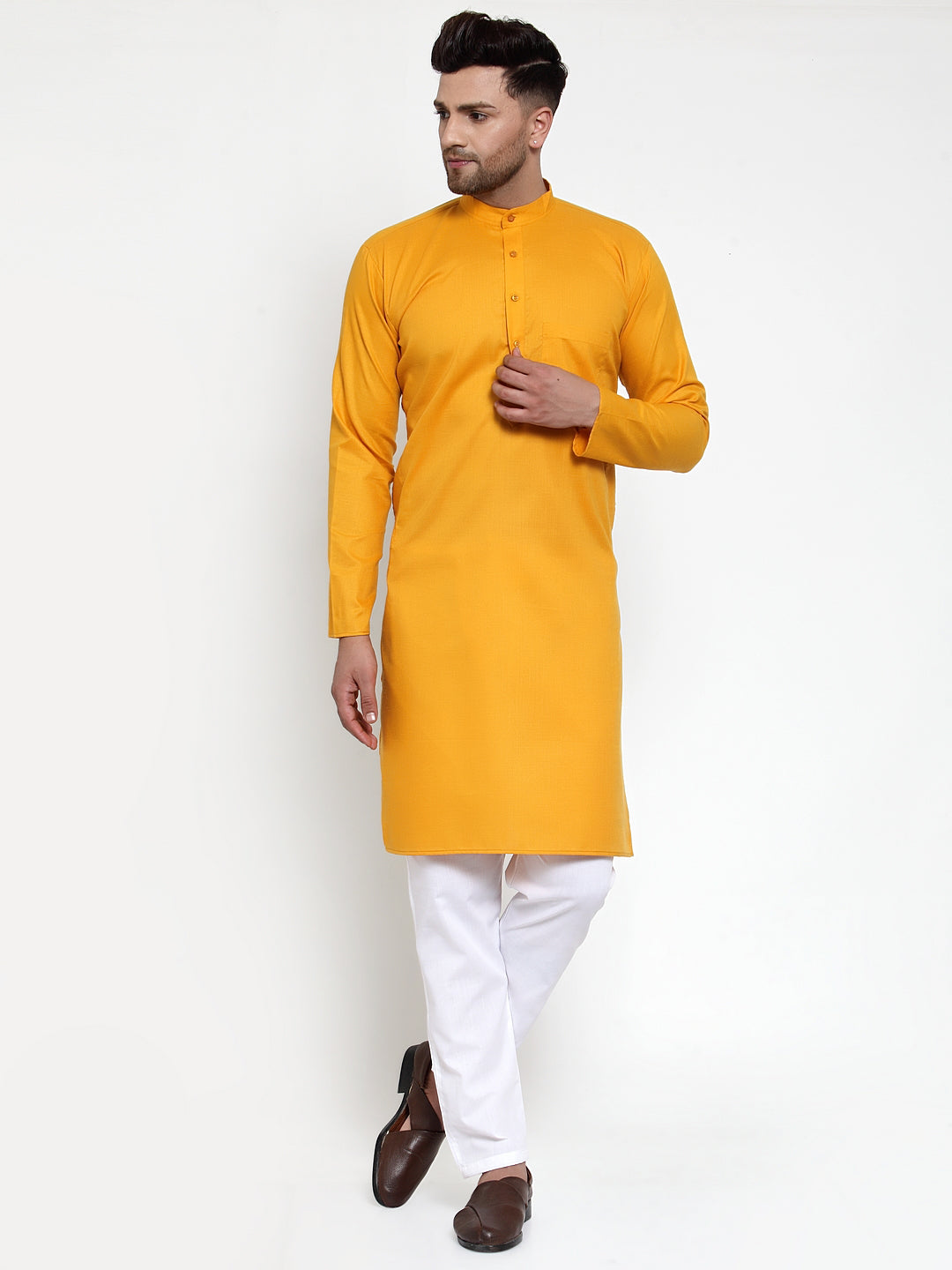 Jompers Men Mustard Yellow White Solid Kurta with Churidar