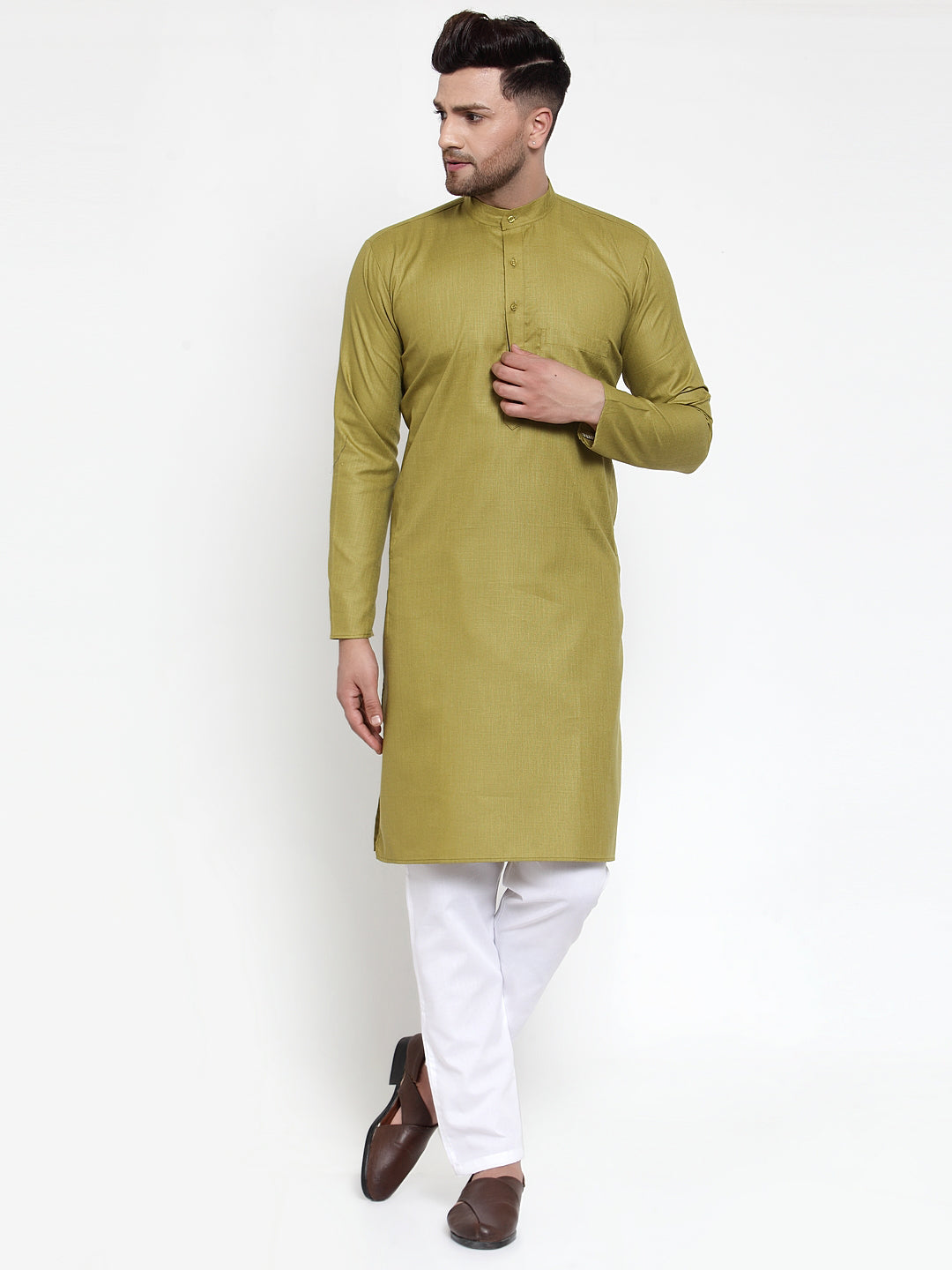 Jompers Men Olive Green & White Solid Kurta with Churidar