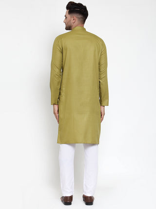 Jompers Men Olive Green & White Solid Kurta with Churidar