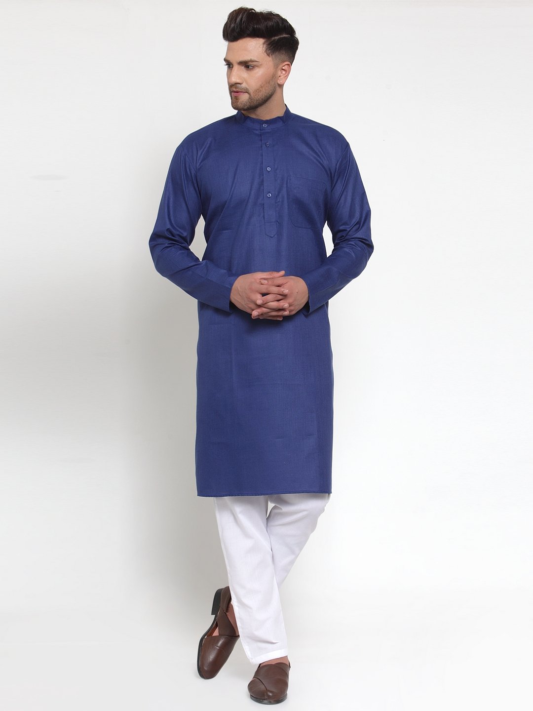 Jompers Men Royal-Blue & White Solid Kurta Only