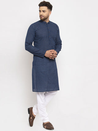 Jompers Men Blue Cotton Printed Kurta with Pyjamas