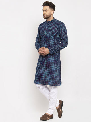 Jompers Men Blue Cotton Printed Kurta with Pyjamas