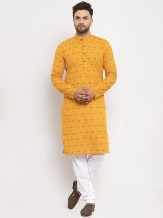 Jompers Men Yellow & White Cotton Printed Kurta with Pyjamas