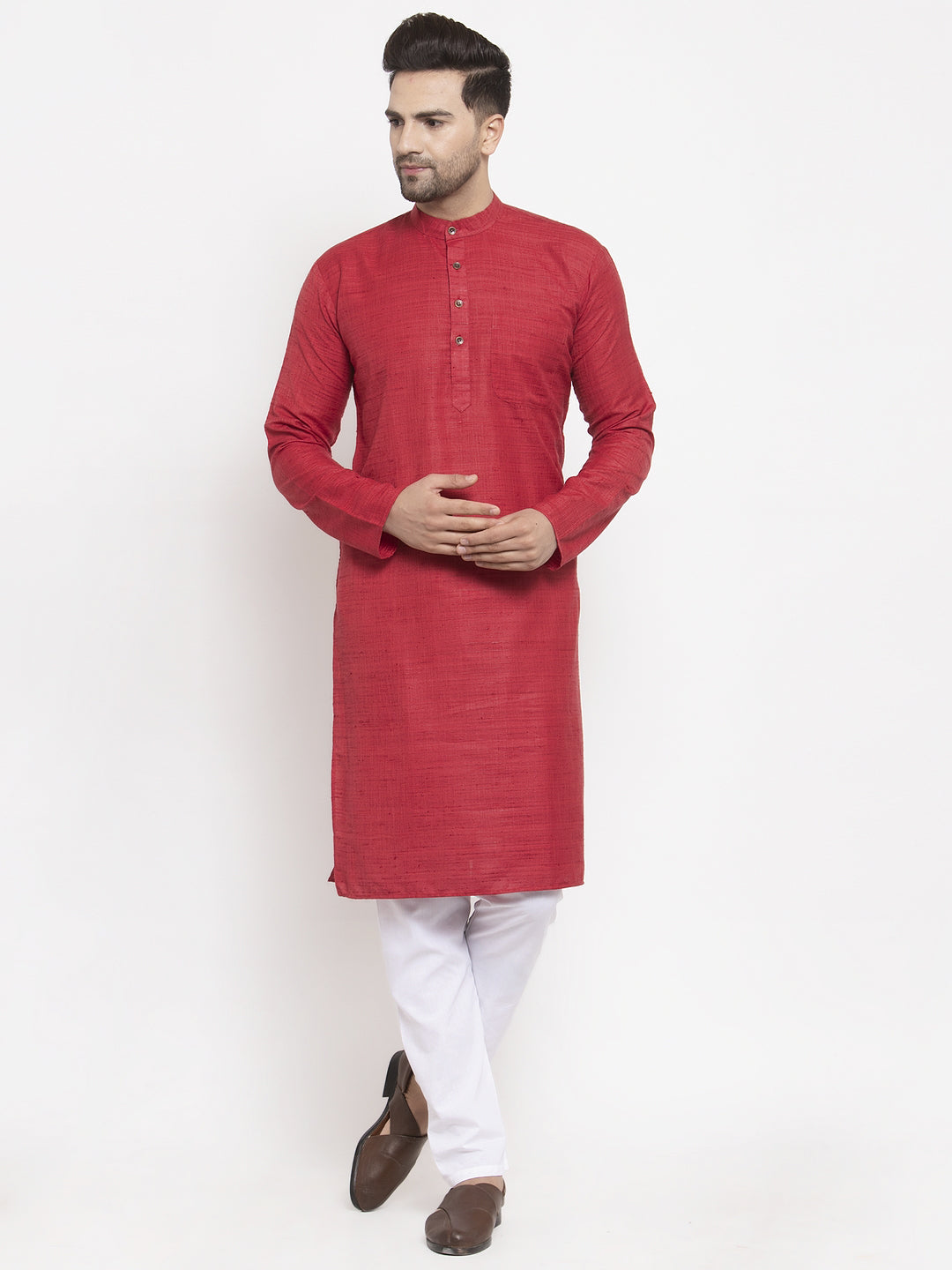 Jompers Men Maroon Self Design Kurta with Pyjamas