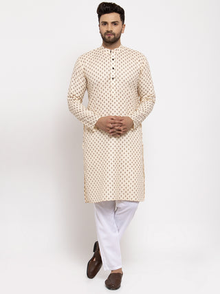 Jompers Men Cream-Coloured Printed Kurta with Pyjamas