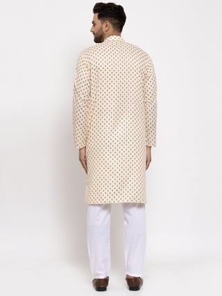 Jompers Men Cream-Coloured Printed Kurta with Pyjamas